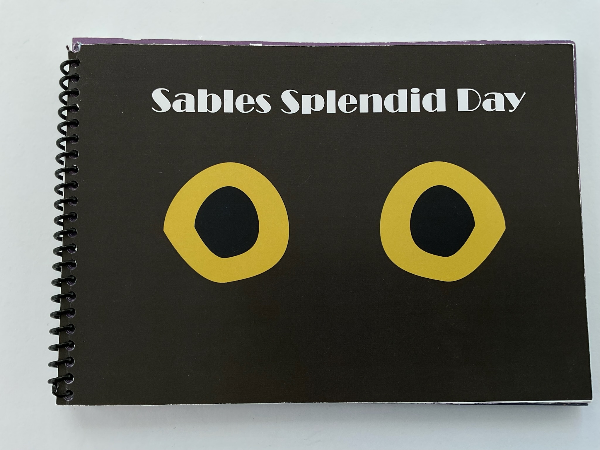 A spiral-bound book cover of a simplified black cat. "Sable's Splendid Day" is at the top of the cover.