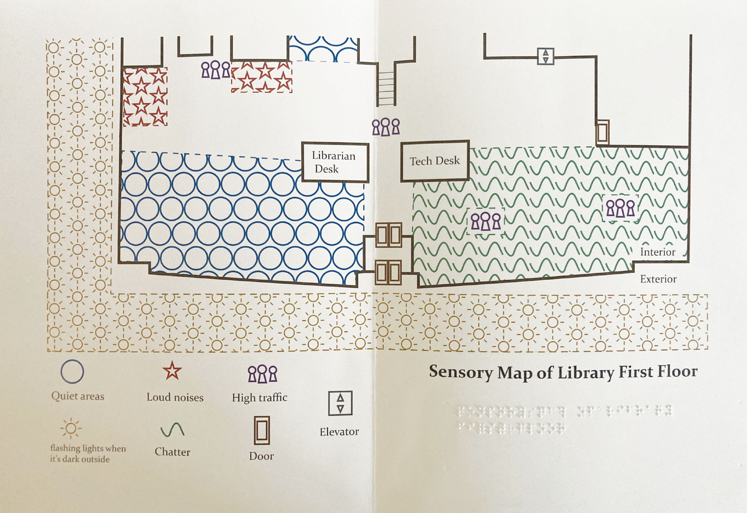 A photo of a map marking where certain stimuli are in a college library. 